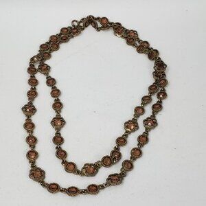 Beautiful Super Long Amber Colored Rhinestone & Gold Tone Floral Design Necklace